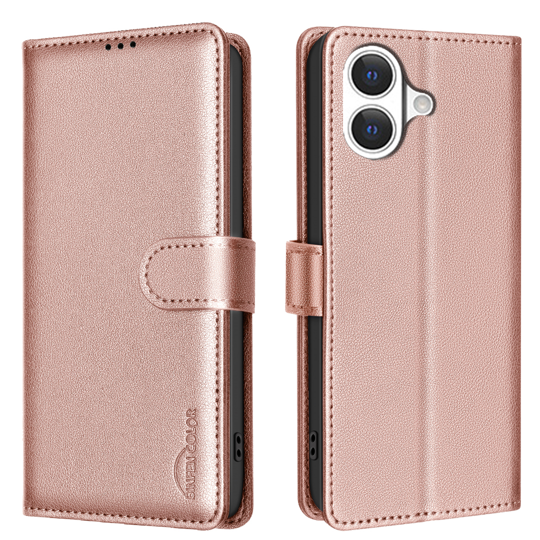 For iPhone 17 Leather Case BINFEN COLOR BF32 Wallet RFID Blocking Phone Cover - Rose Gold