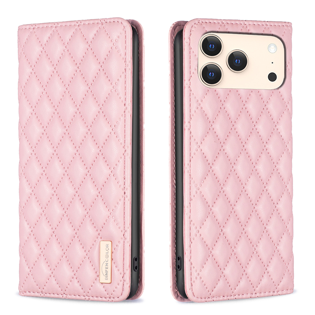 For iPhone 17 Pro Case with Card Holder BINFEN COLOR PU Leather Phone Stand Cover - Pink