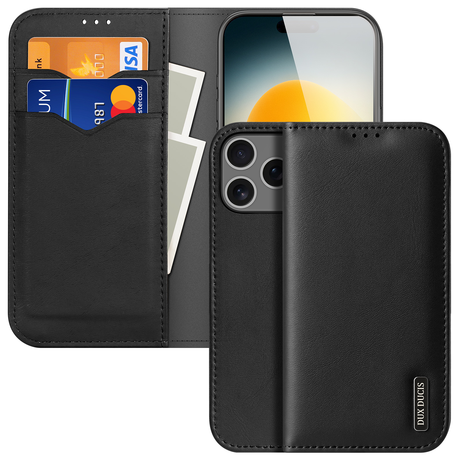 For iPhone 17 Pro Case DUX DUCIS Hivo Series Cowhide Leather RFID Blocking Wallet Stand Flip Phone Cover - Black