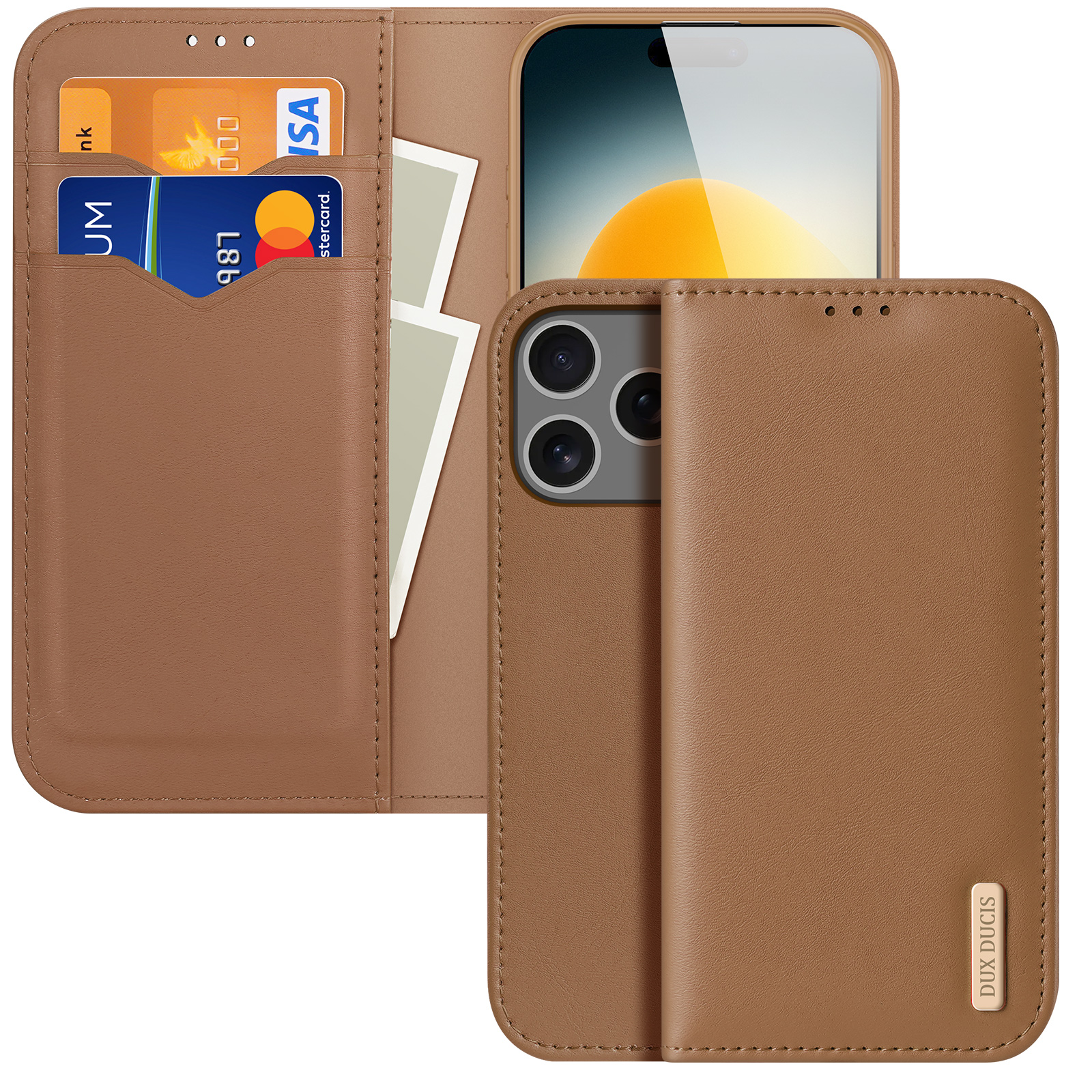 For iPhone 17 Pro Case DUX DUCIS Hivo Series Cowhide Leather RFID Blocking Wallet Stand Flip Phone Cover - Brown