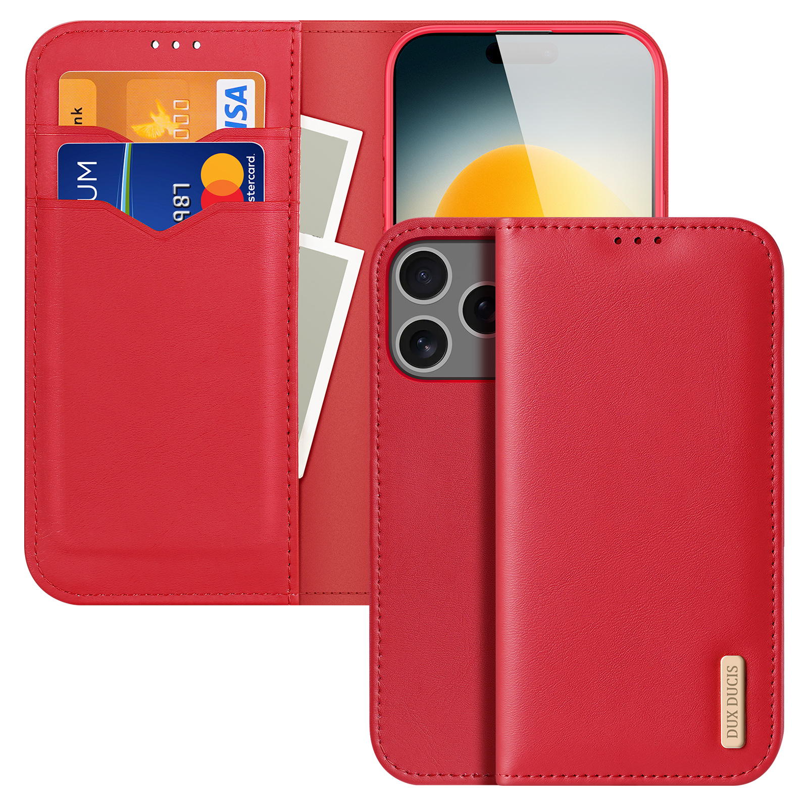 For iPhone 17 Pro Case DUX DUCIS Hivo Series Cowhide Leather RFID Blocking Wallet Stand Flip Phone Cover - Red