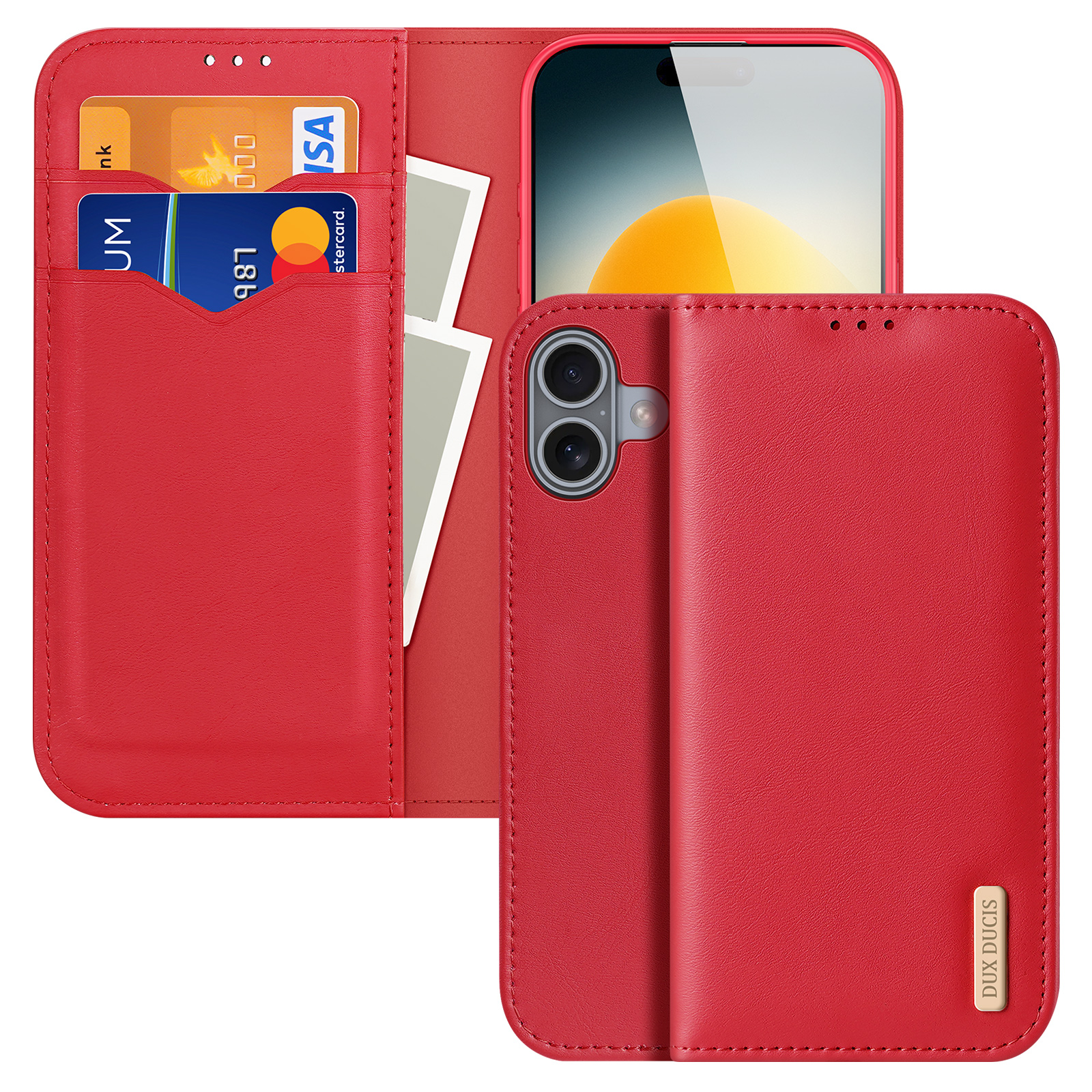 For iPhone 17 Case DUX DUCIS Hivo Series Cowhide Leather RFID Blocking Wallet Stand Flip Phone Cover - Red