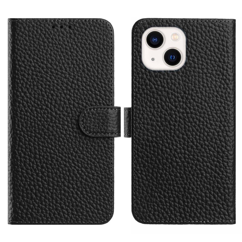 For iPhone 15 Plus Case Wallet Stand Litchi Texture Genuine Cow Leather Flip Phone Cover - Black