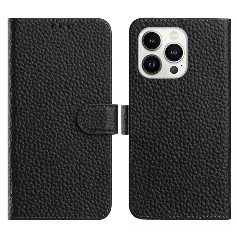 For iPhone 15 Pro Max Case Wallet Stand Litchi Texture Genuine Cow Leather Flip Phone Cover - Black