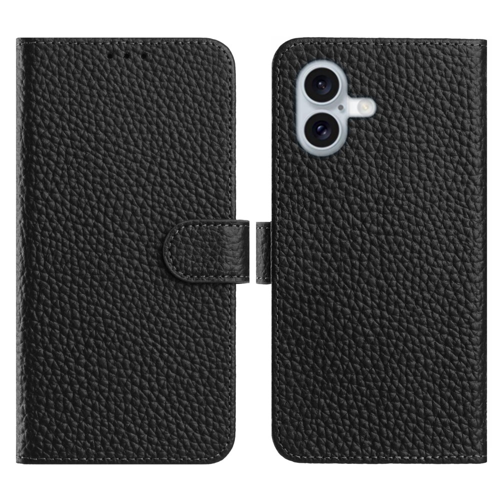 For iPhone 16 Plus Case Wallet Stand Litchi Texture Genuine Cow Leather Flip Phone Cover - Black