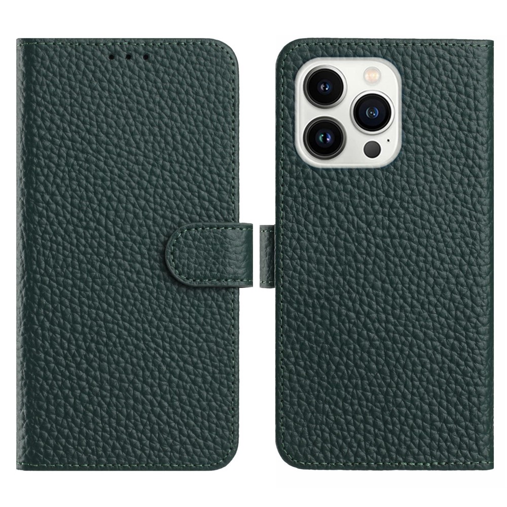 For iPhone 16 Pro Case Wallet Stand Litchi Texture Genuine Cow Leather Flip Phone Cover - Green