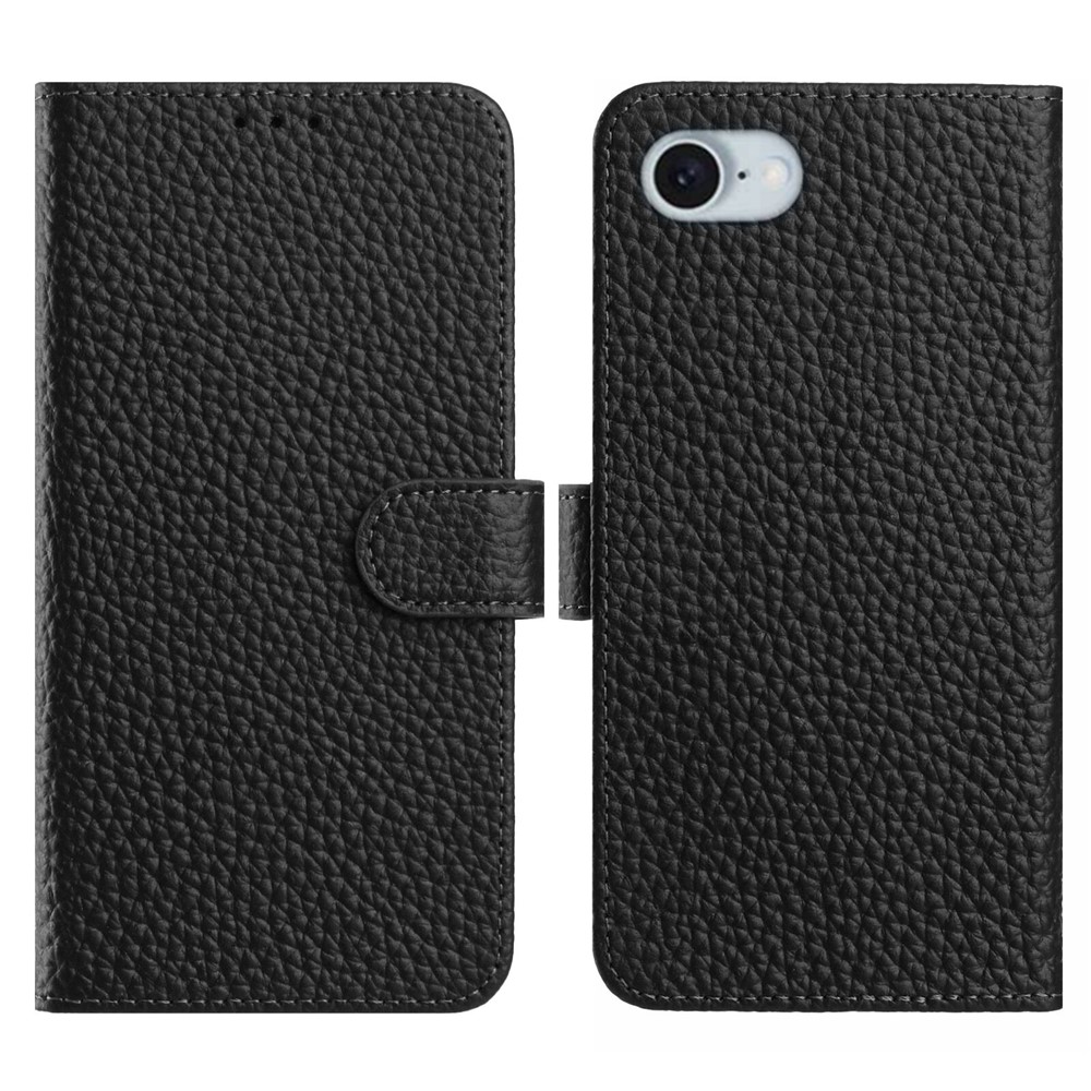 For iPhone 16e Case Wallet Stand Litchi Texture Genuine Cow Leather Flip Phone Cover - Black
