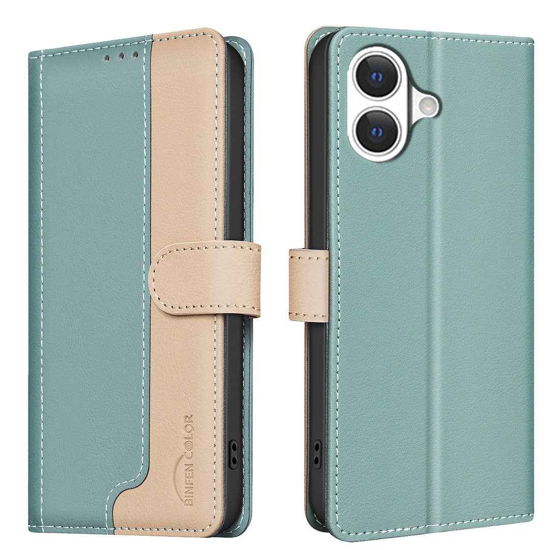 For iPhone 17 Leather Case BINFEN COLOR Splicing Color RFID Blocking Wallet Stand Phone Cover - Green