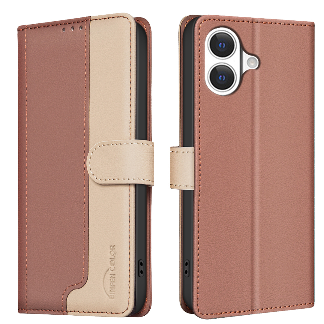 For iPhone 17 Leather Case BINFEN COLOR Splicing Color RFID Blocking Wallet Stand Phone Cover - Brown