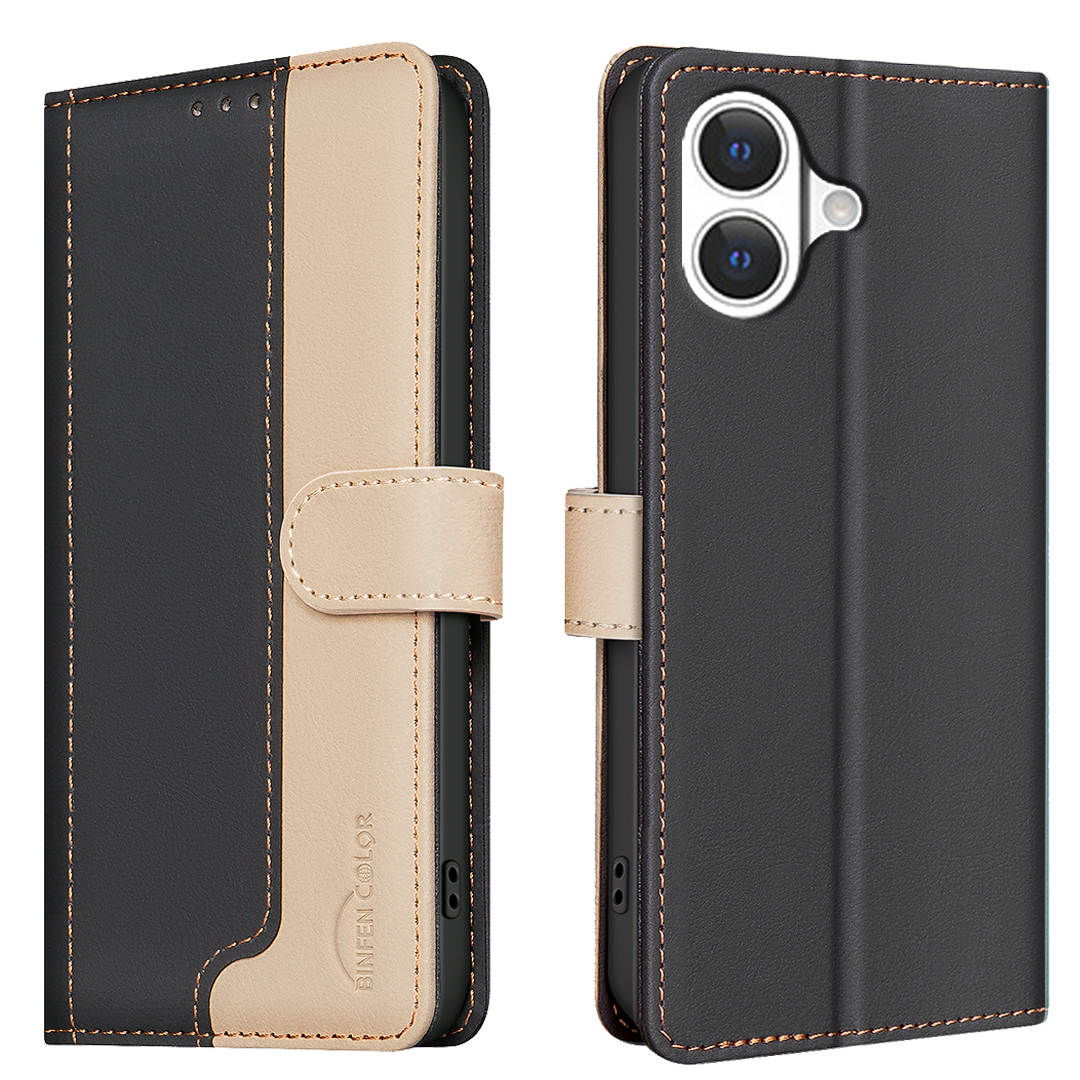For iPhone 17 Leather Case BINFEN COLOR Splicing Color RFID Blocking Wallet Stand Phone Cover - Black