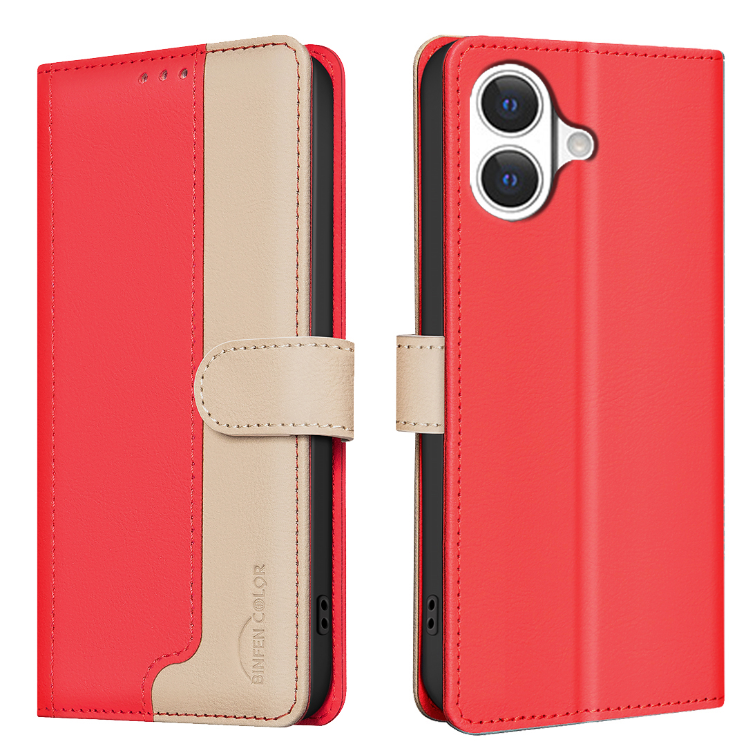For iPhone 17 Leather Case BINFEN COLOR Splicing Color RFID Blocking Wallet Stand Phone Cover - Red