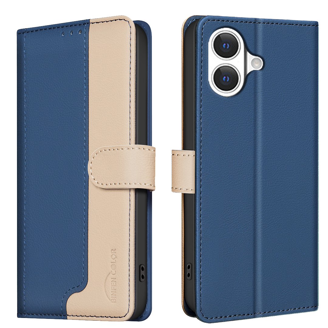 For iPhone 17 Leather Case BINFEN COLOR Splicing Color RFID Blocking Wallet Stand Phone Cover - Blue