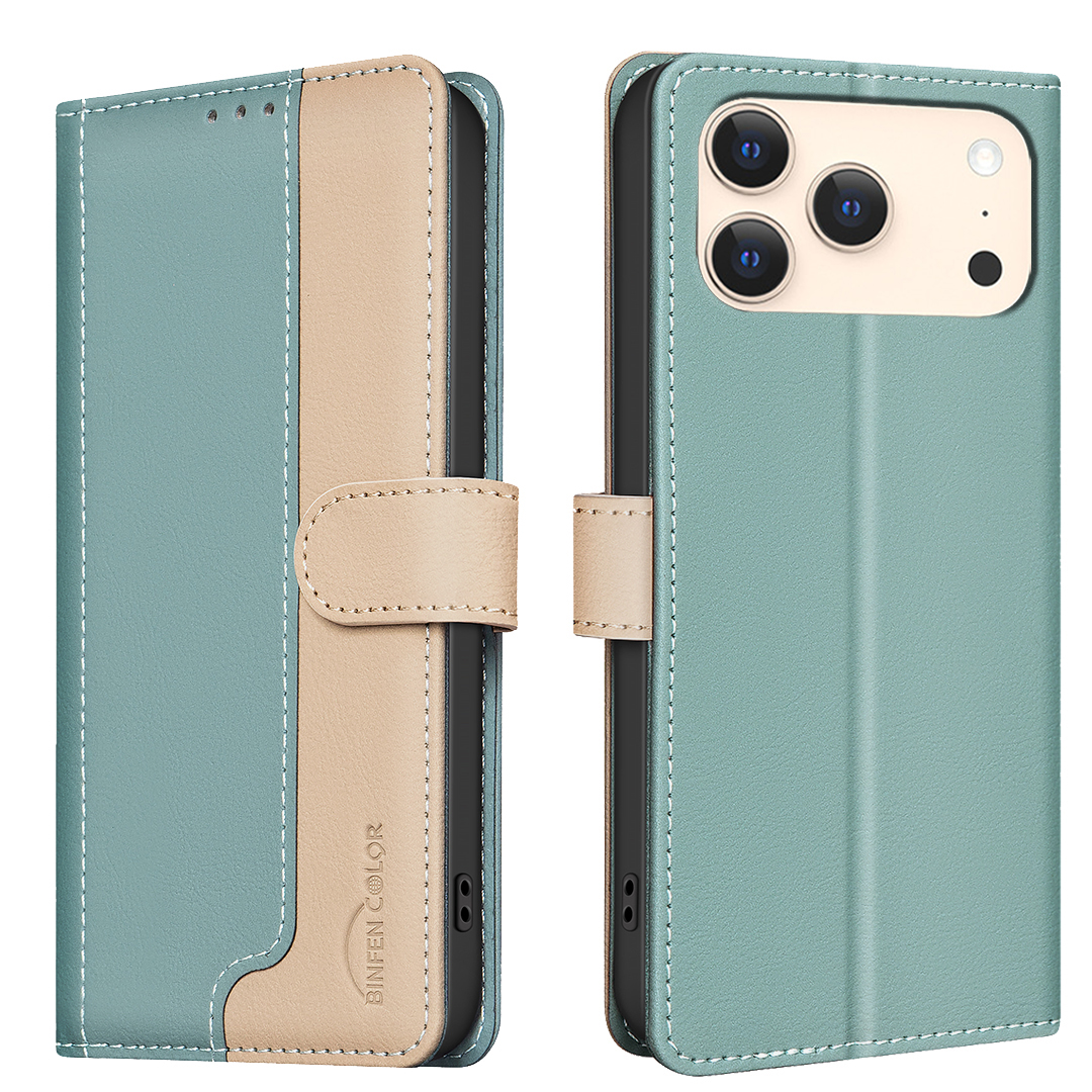 For iPhone 17 Pro Max Leather Case BINFEN COLOR Splicing Color RFID Blocking Wallet Stand Phone Cover - Green