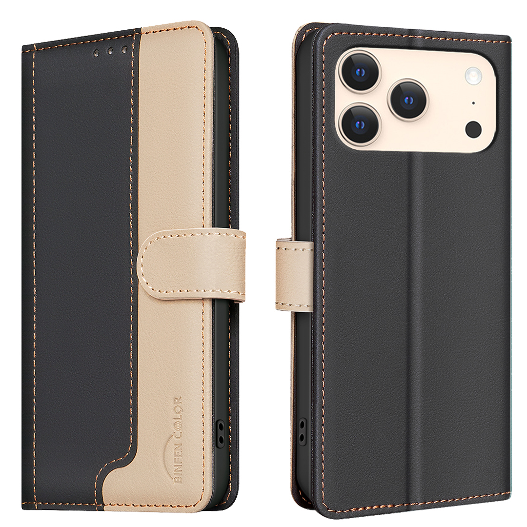 For iPhone 17 Pro Max Leather Case BINFEN COLOR Splicing Color RFID Blocking Wallet Stand Phone Cover - Black