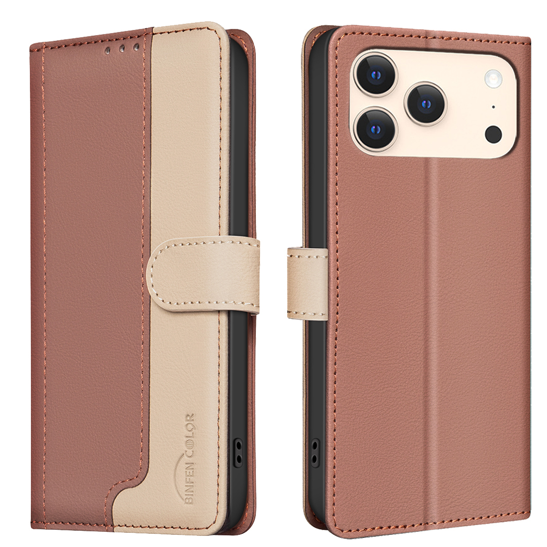 For iPhone 17 Pro Leather Case BINFEN COLOR Splicing Color RFID Blocking Wallet Stand Phone Cover - Brown
