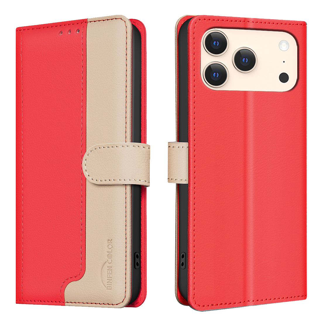 For iPhone 17 Pro Leather Case BINFEN COLOR Splicing Color RFID Blocking Wallet Stand Phone Cover - Red