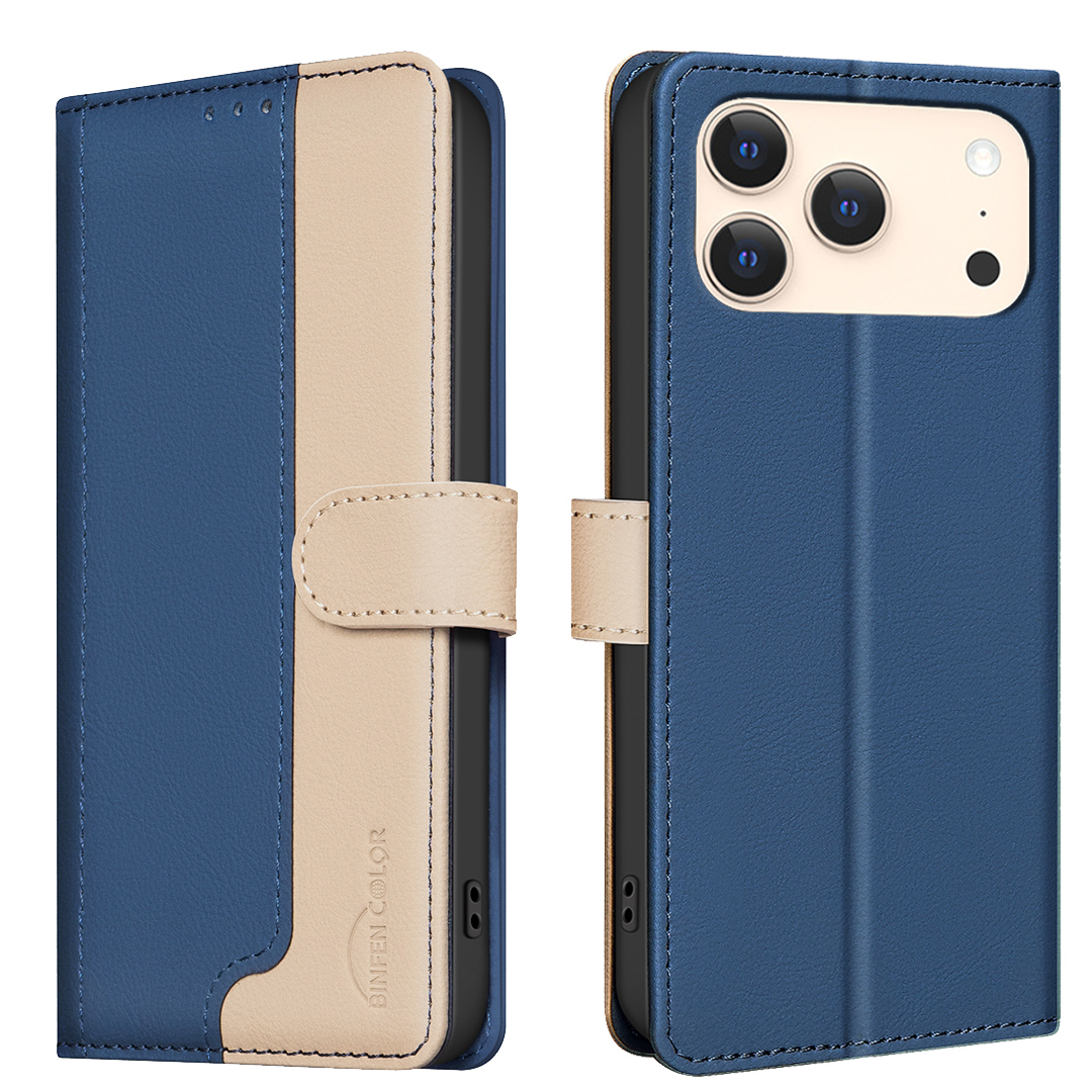For iPhone 17 Pro Leather Case BINFEN COLOR Splicing Color RFID Blocking Wallet Stand Phone Cover - Blue