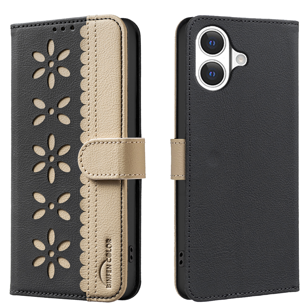 For iPhone 17 Leather Case BINFEN COLOR BF36 Floral Pattern Phone Cover RFID Blocking Wallet Stand - Black