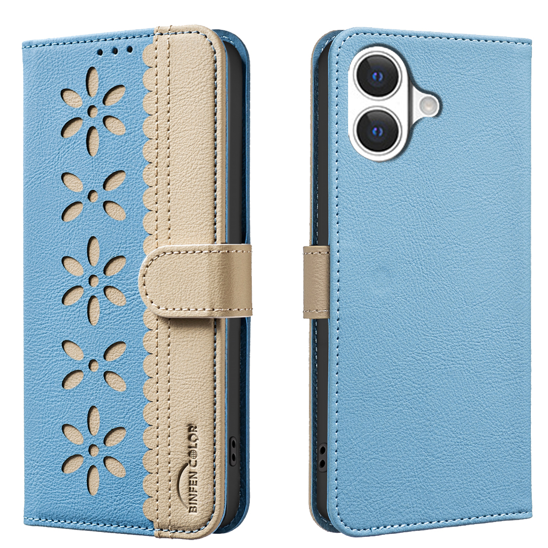 For iPhone 17 Leather Case BINFEN COLOR BF36 Floral Pattern Phone Cover RFID Blocking Wallet Stand - Baby Blue