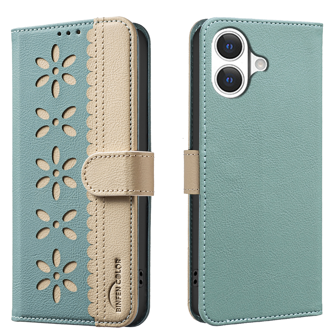 For iPhone 17 Leather Case BINFEN COLOR BF36 Floral Pattern Phone Cover RFID Blocking Wallet Stand - Green