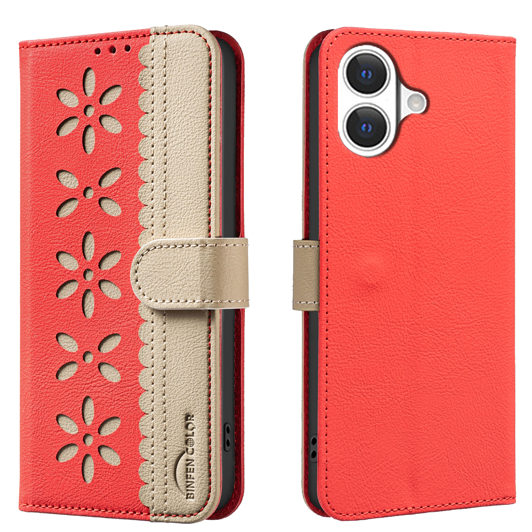 For iPhone 17 Leather Case BINFEN COLOR BF36 Floral Pattern Phone Cover RFID Blocking Wallet Stand - Red