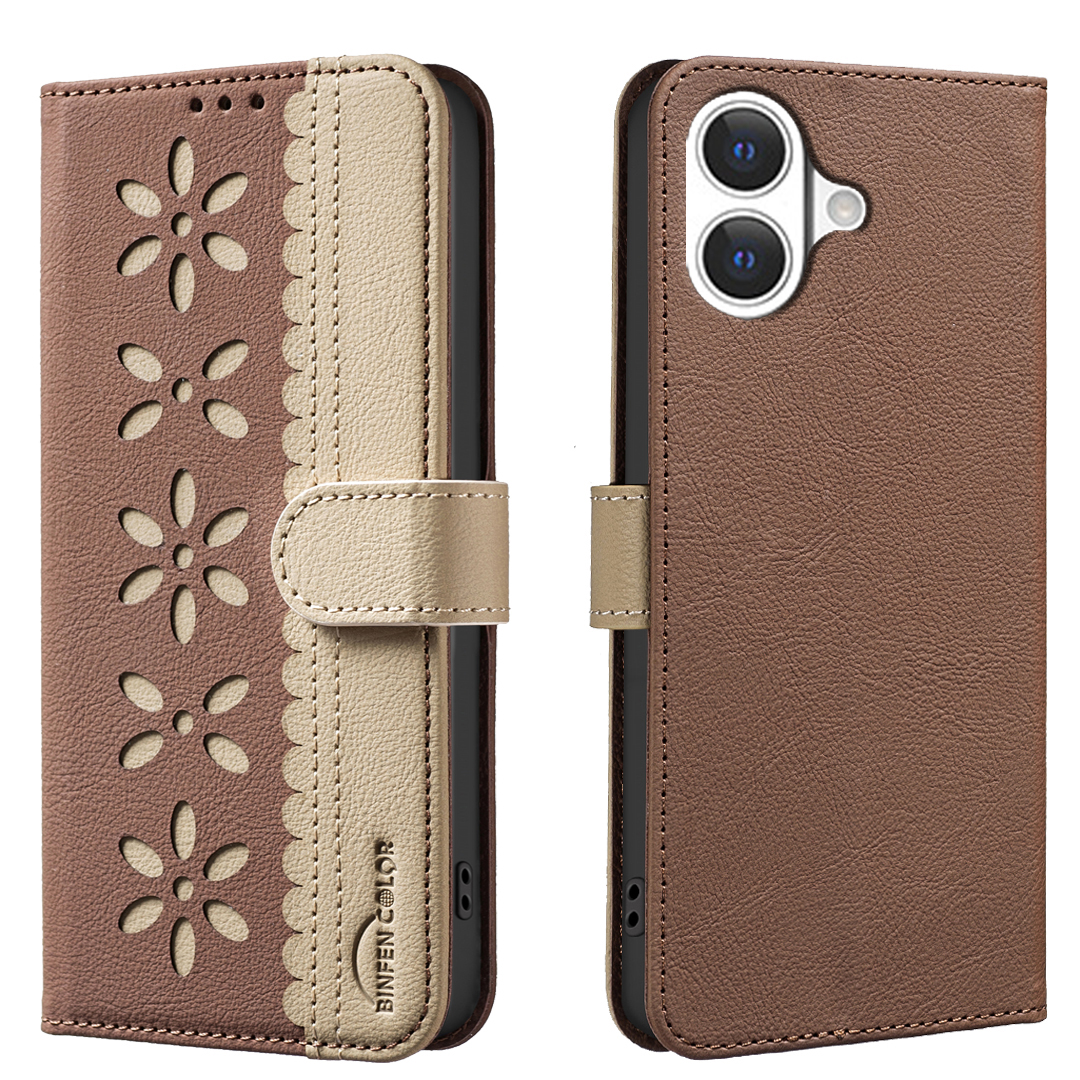 For iPhone 17 Leather Case BINFEN COLOR BF36 Floral Pattern Phone Cover RFID Blocking Wallet Stand - Brown