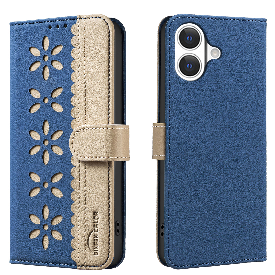 For iPhone 17 Leather Case BINFEN COLOR BF36 Floral Pattern Phone Cover RFID Blocking Wallet Stand - Dark Blue