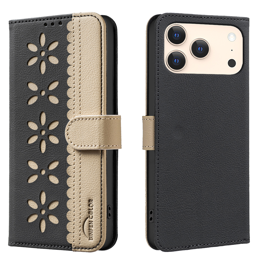 For iPhone 17 Pro Leather Case BINFEN COLOR BF36 Floral Pattern Phone Cover RFID Blocking Wallet Stand - Black