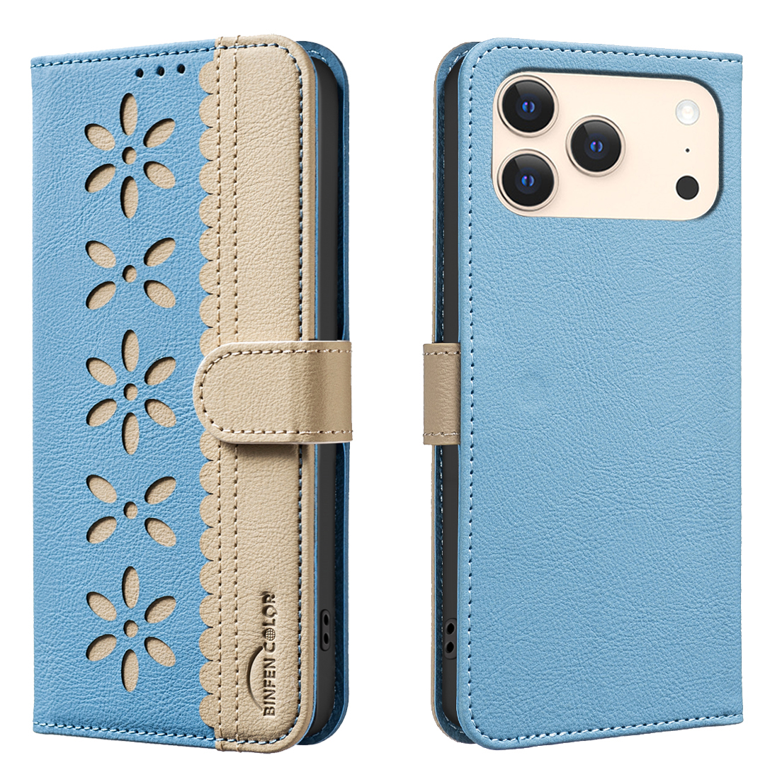 For iPhone 17 Pro Leather Case BINFEN COLOR BF36 Floral Pattern Phone Cover RFID Blocking Wallet Stand - Baby Blue