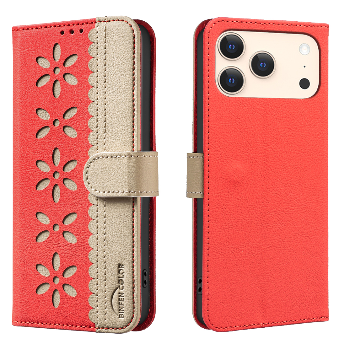 For iPhone 17 Pro Leather Case BINFEN COLOR BF36 Floral Pattern Phone Cover RFID Blocking Wallet Stand - Red