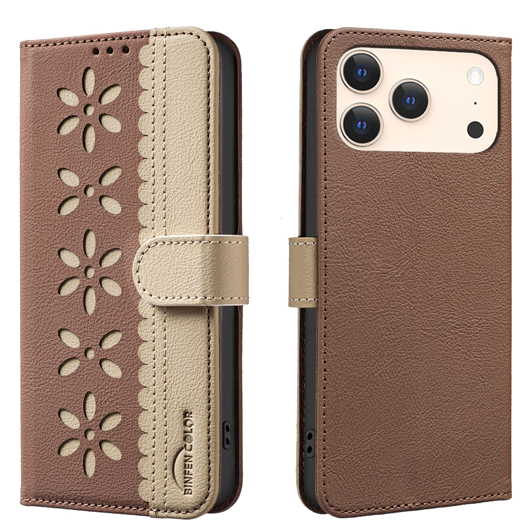 For iPhone 17 Pro Leather Case BINFEN COLOR BF36 Floral Pattern Phone Cover RFID Blocking Wallet Stand - Brown