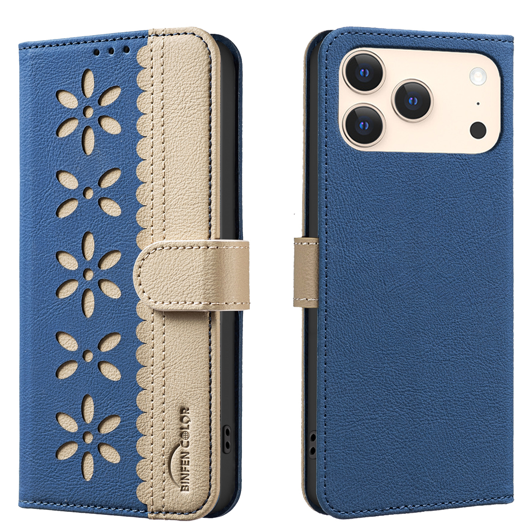 For iPhone 17 Pro Leather Case BINFEN COLOR BF36 Floral Pattern Phone Cover RFID Blocking Wallet Stand - Dark Blue