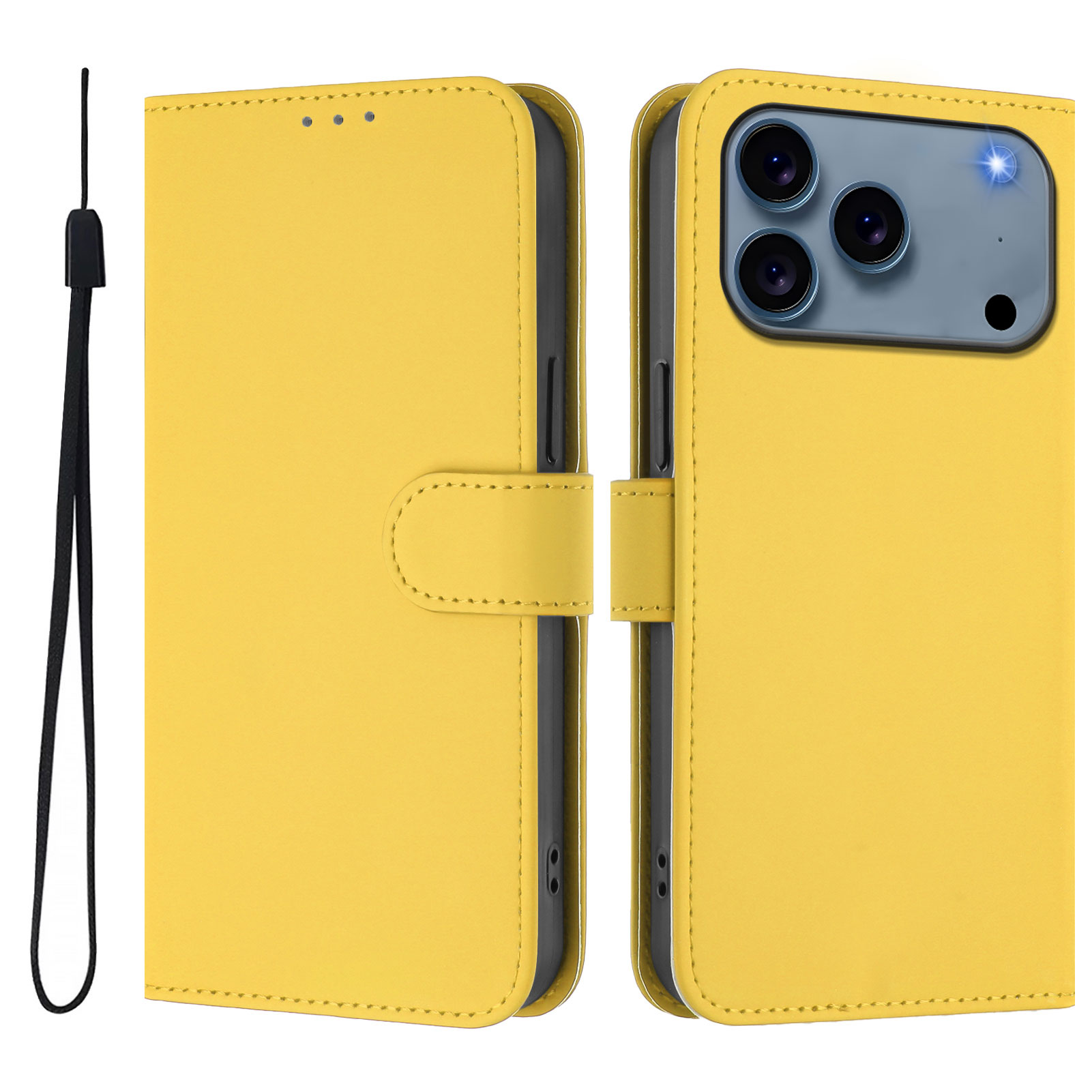 For iPhone 17 Pro Max Case Solid Color Wallet Leather Phone Cover with Strap - Lemon