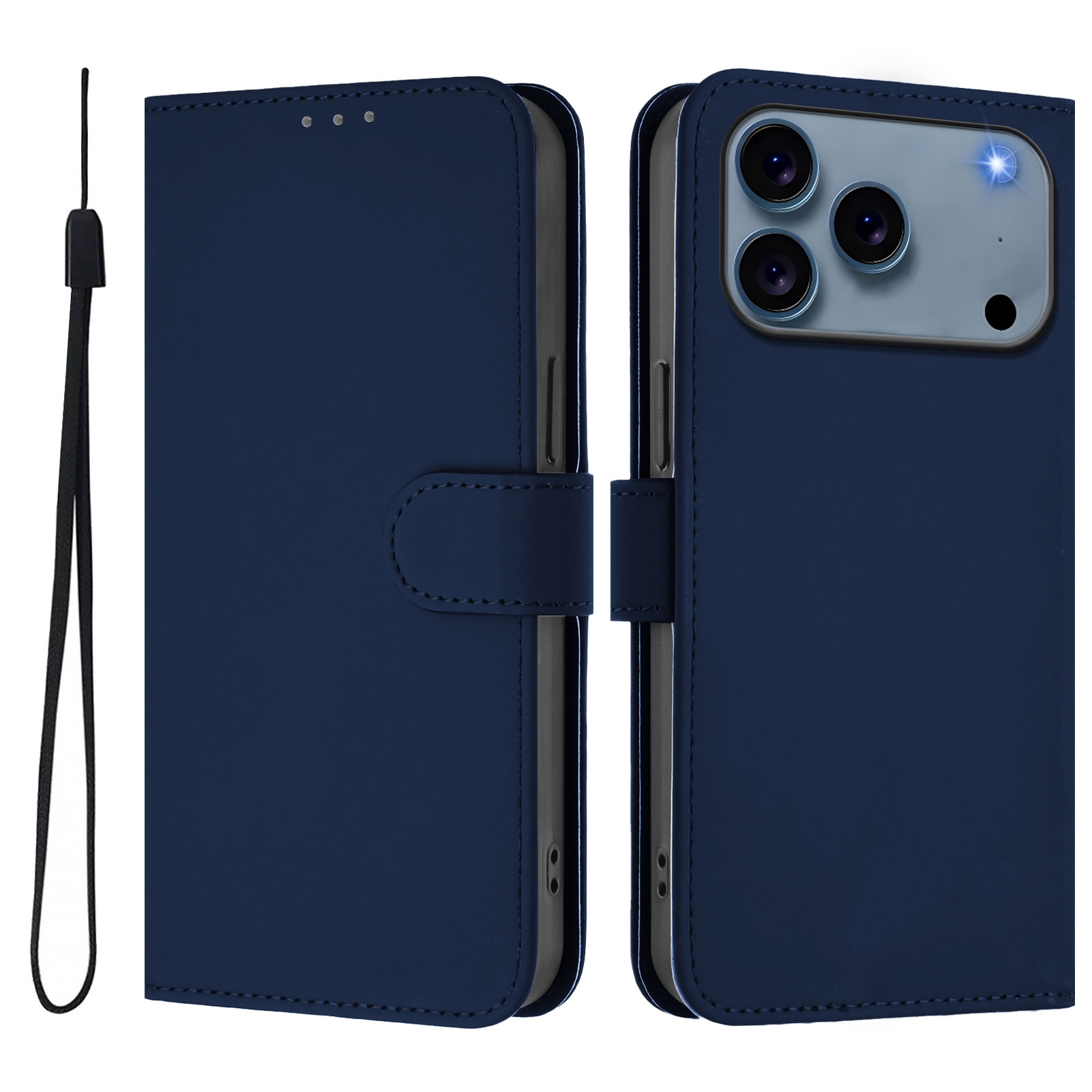 For iPhone 17 Pro Max Case Solid Color Wallet Leather Phone Cover with Strap - Navy Blue