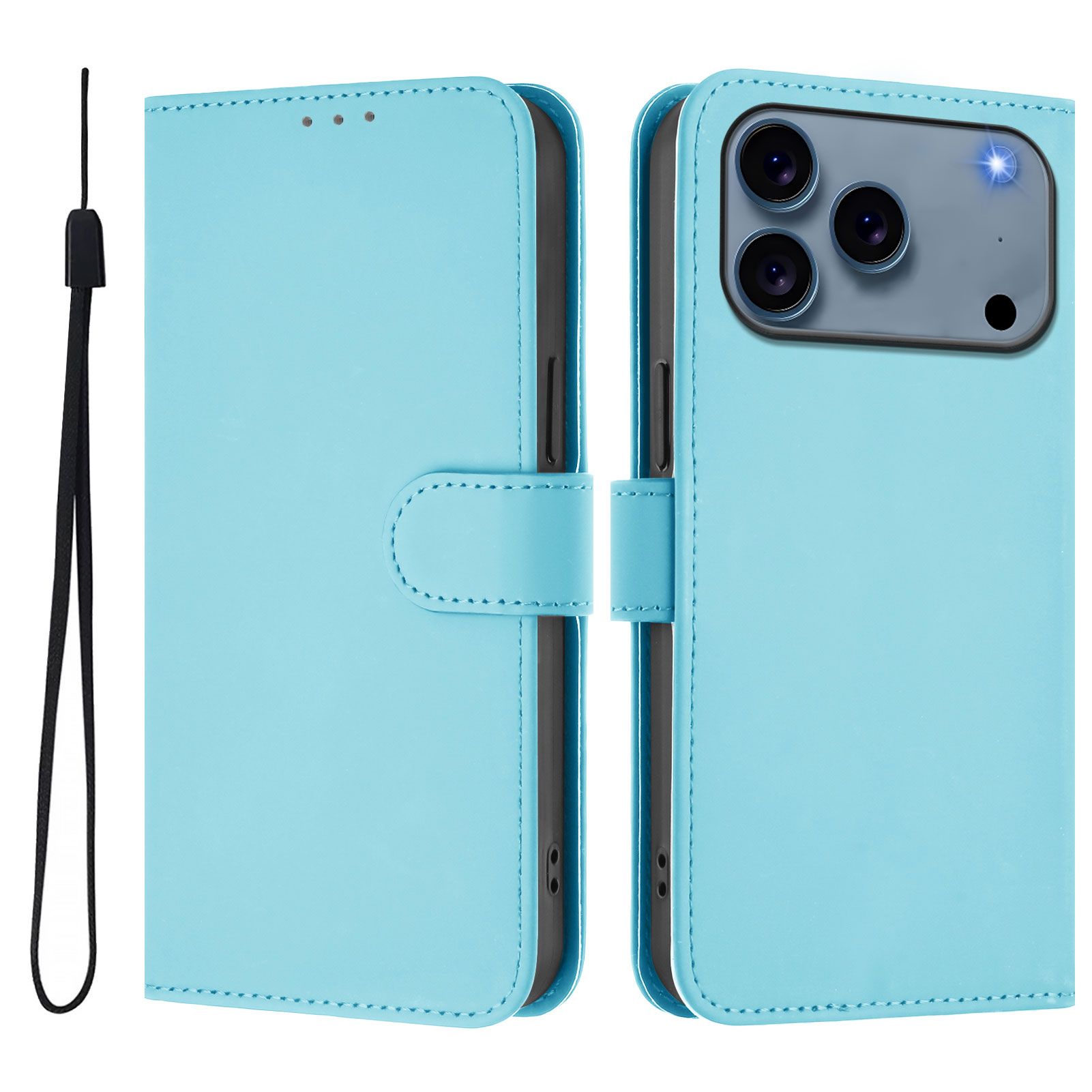 For iPhone 17 Pro Max Case Solid Color Wallet Leather Phone Cover with Strap - Sky Blue