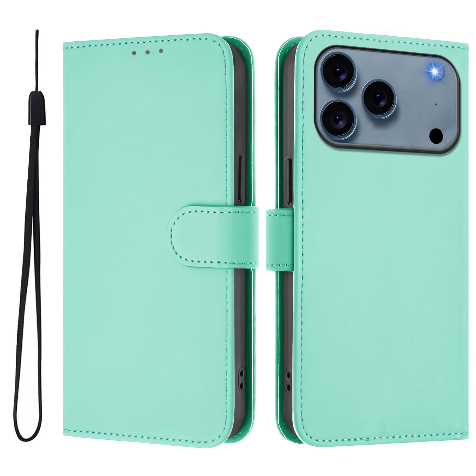 For iPhone 17 Pro Max Case Solid Color Wallet Leather Phone Cover with Strap - Mint Green