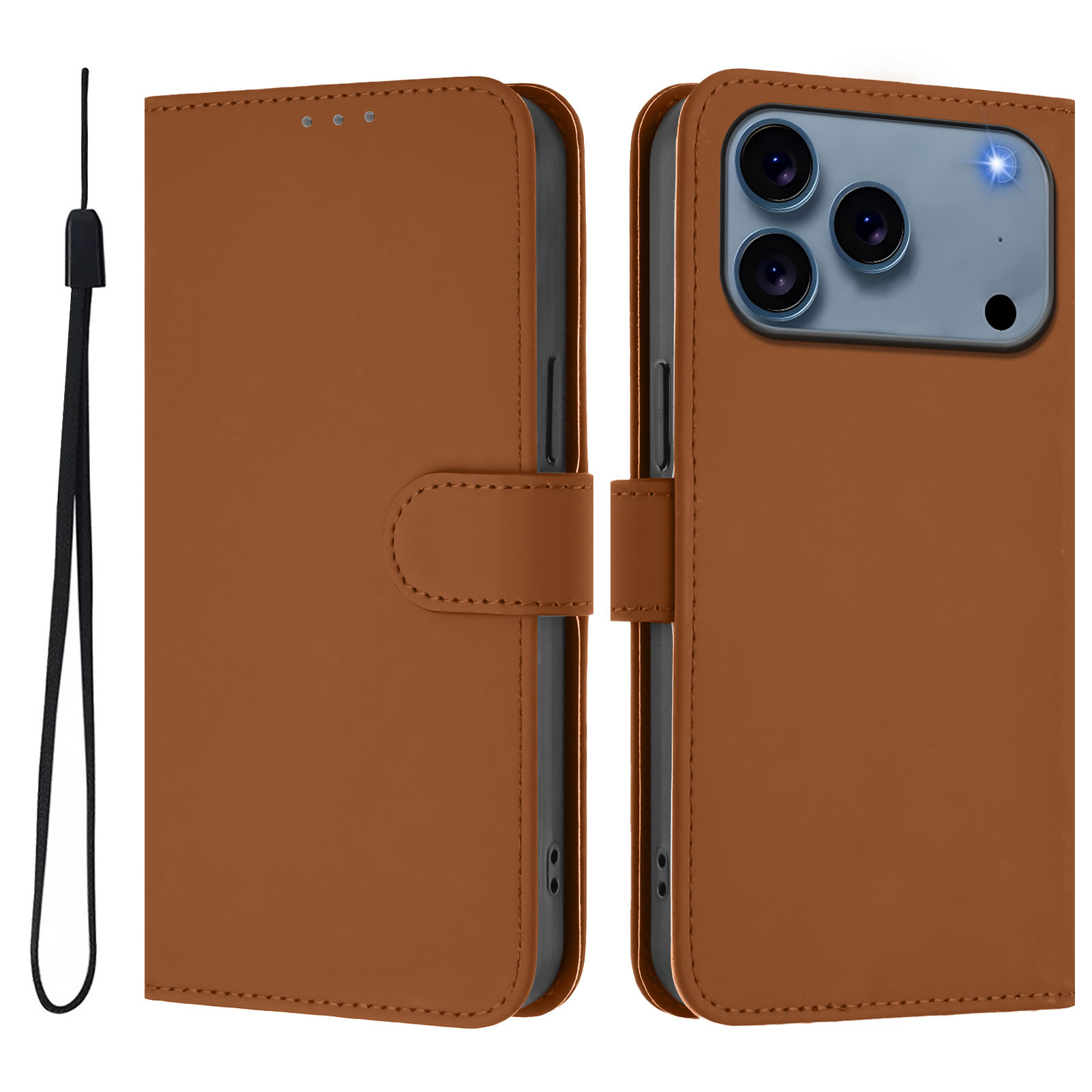 For iPhone 17 Pro Case Solid Color Wallet Leather Phone Cover with Strap - Brown