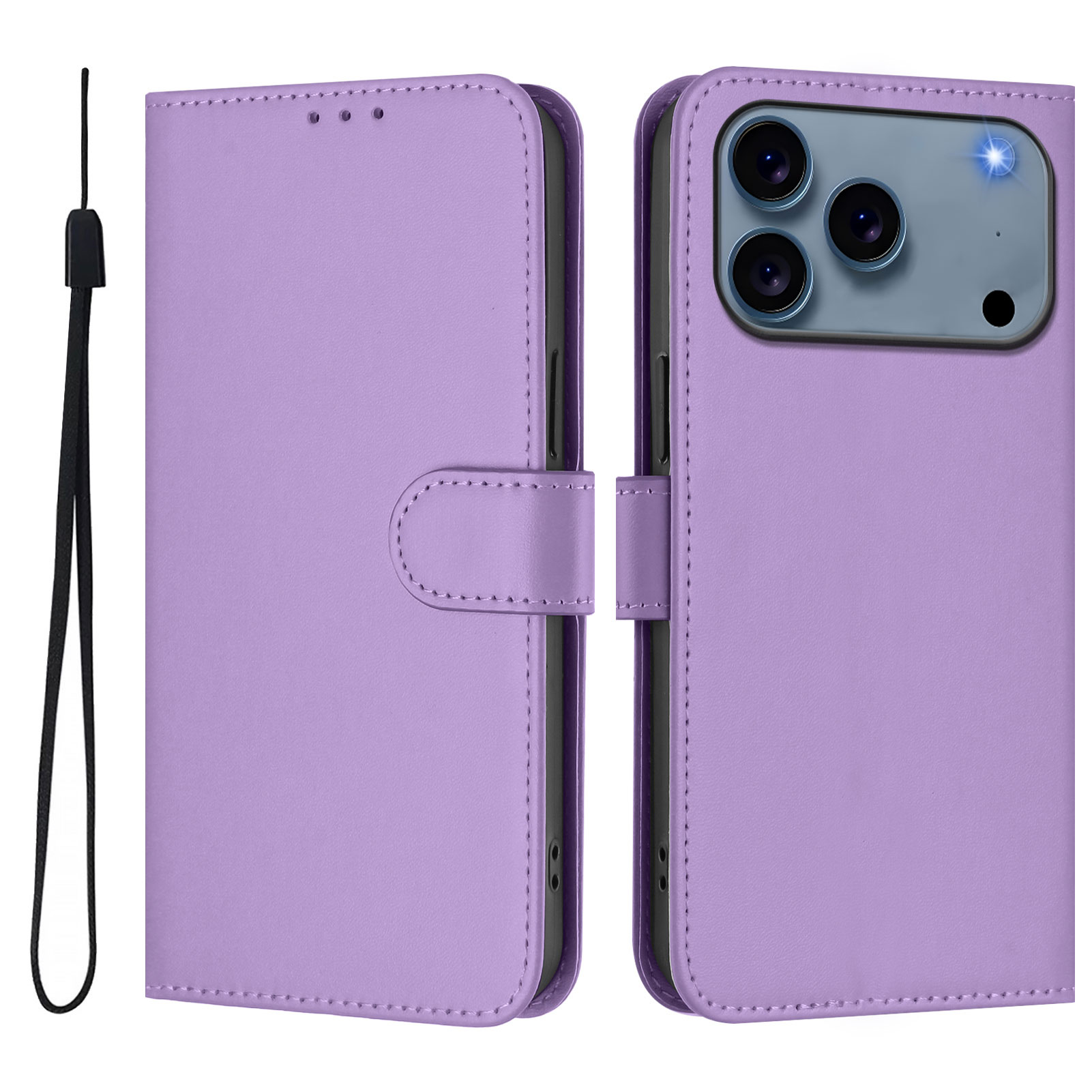 For iPhone 17 Pro Case Solid Color Wallet Leather Phone Cover with Strap - Lavender