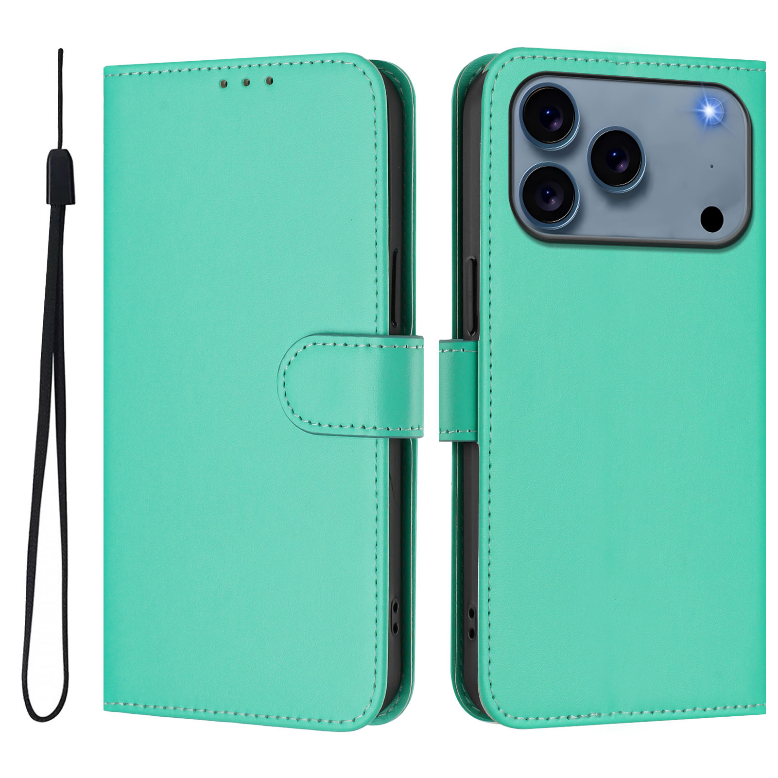 For iPhone 17 Pro Case Solid Color Wallet Leather Phone Cover with Strap - Green