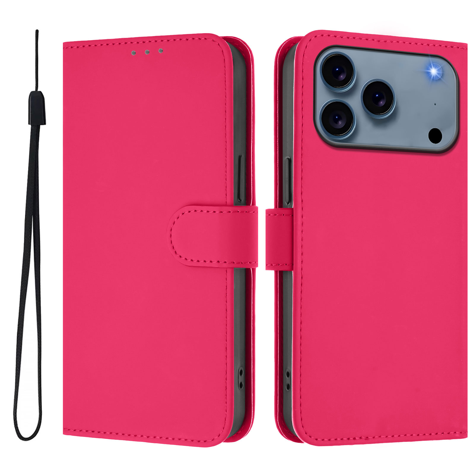 For iPhone 17 Pro Case Solid Color Wallet Leather Phone Cover with Strap - Rose Red