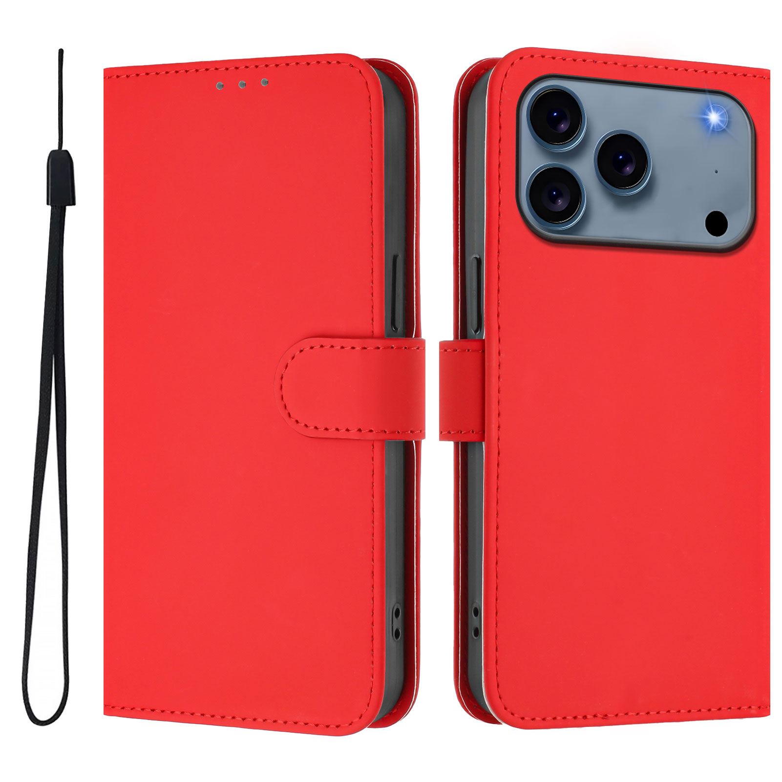 For iPhone 17 Pro Case Solid Color Wallet Leather Phone Cover with Strap - Bright Red