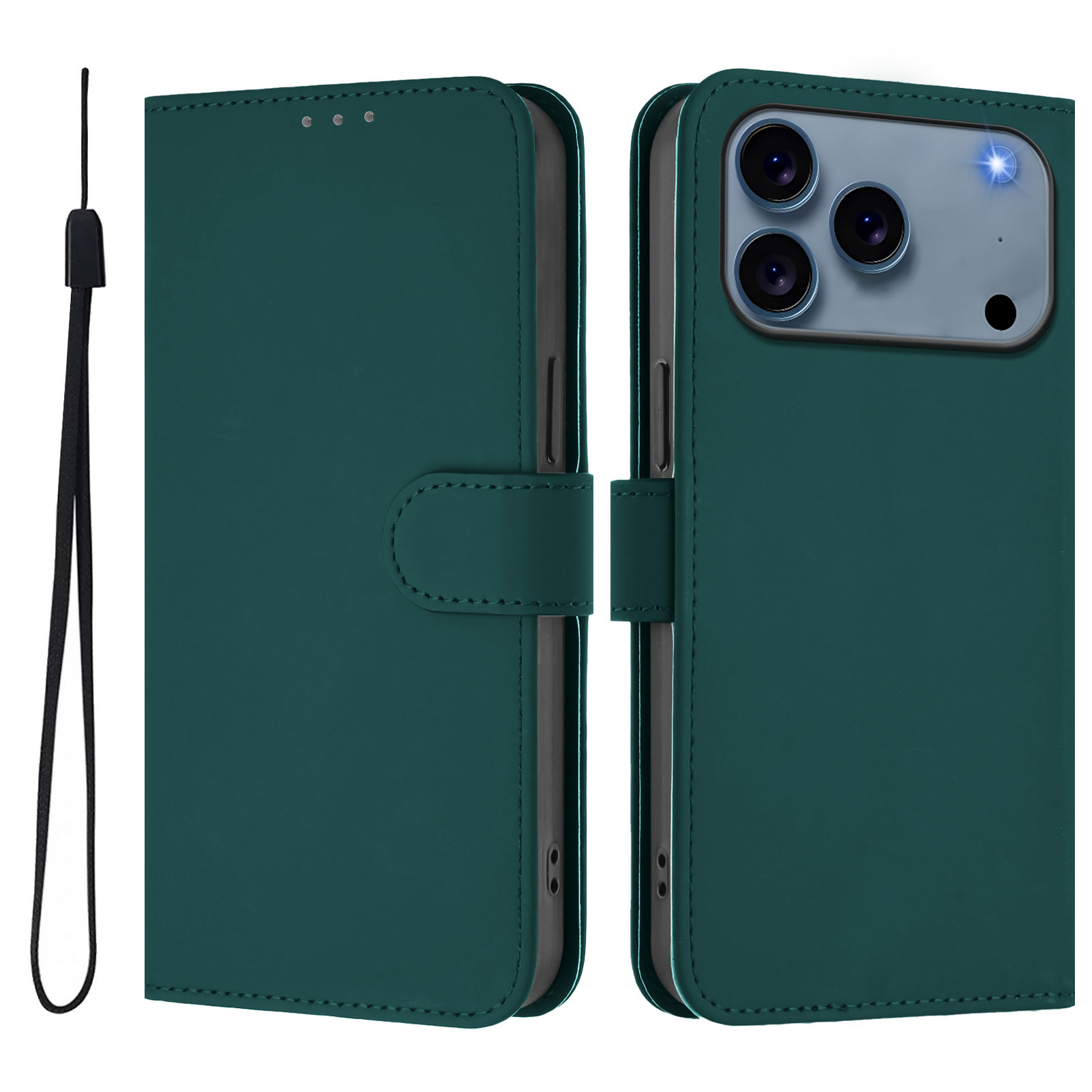 For iPhone 17 Pro Case Solid Color Wallet Leather Phone Cover with Strap - Dark Green