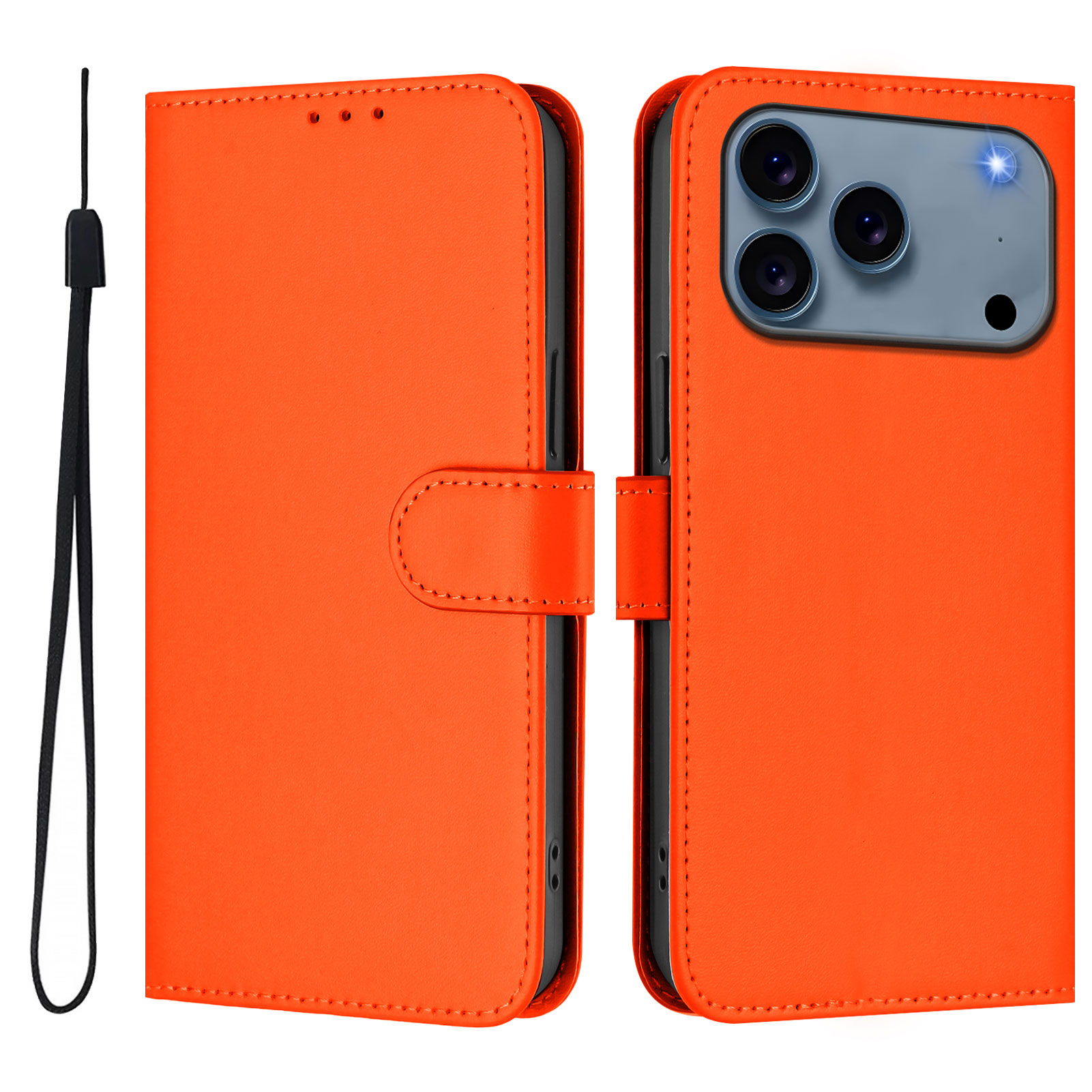 For iPhone 17 Pro Case Solid Color Wallet Leather Phone Cover with Strap - Orange