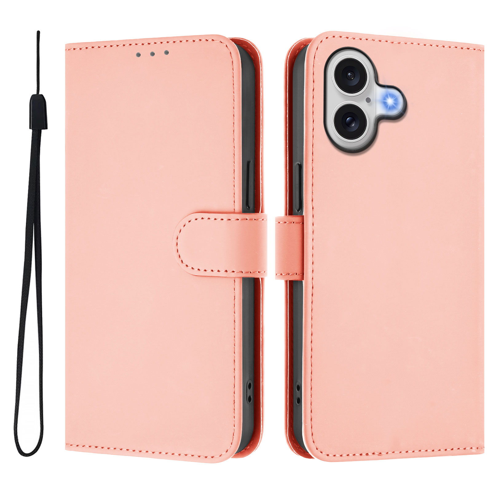 For iPhone 17 Case Solid Color Wallet Leather Phone Cover with Strap - Pink
