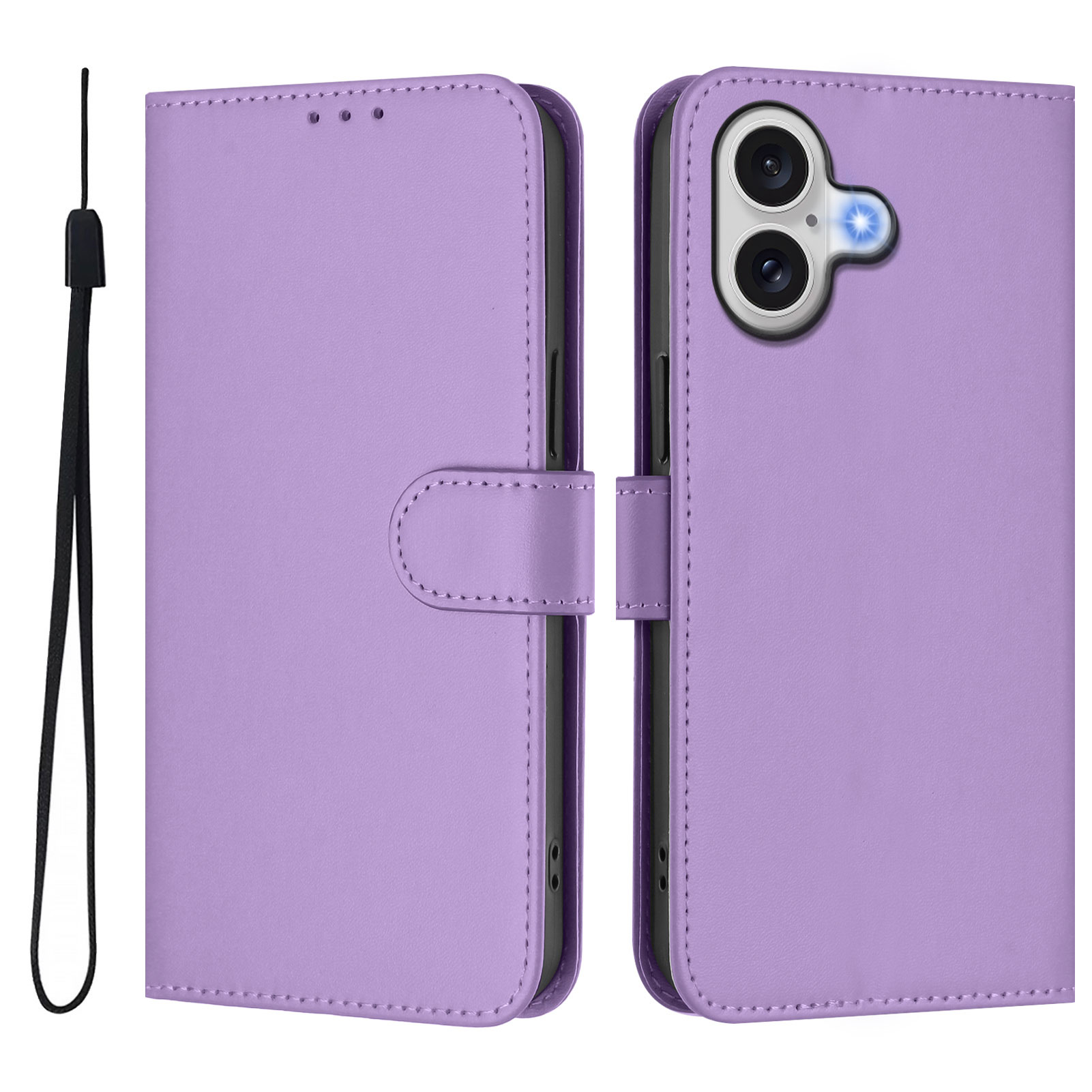For iPhone 17 Case Solid Color Wallet Leather Phone Cover with Strap - Lavender