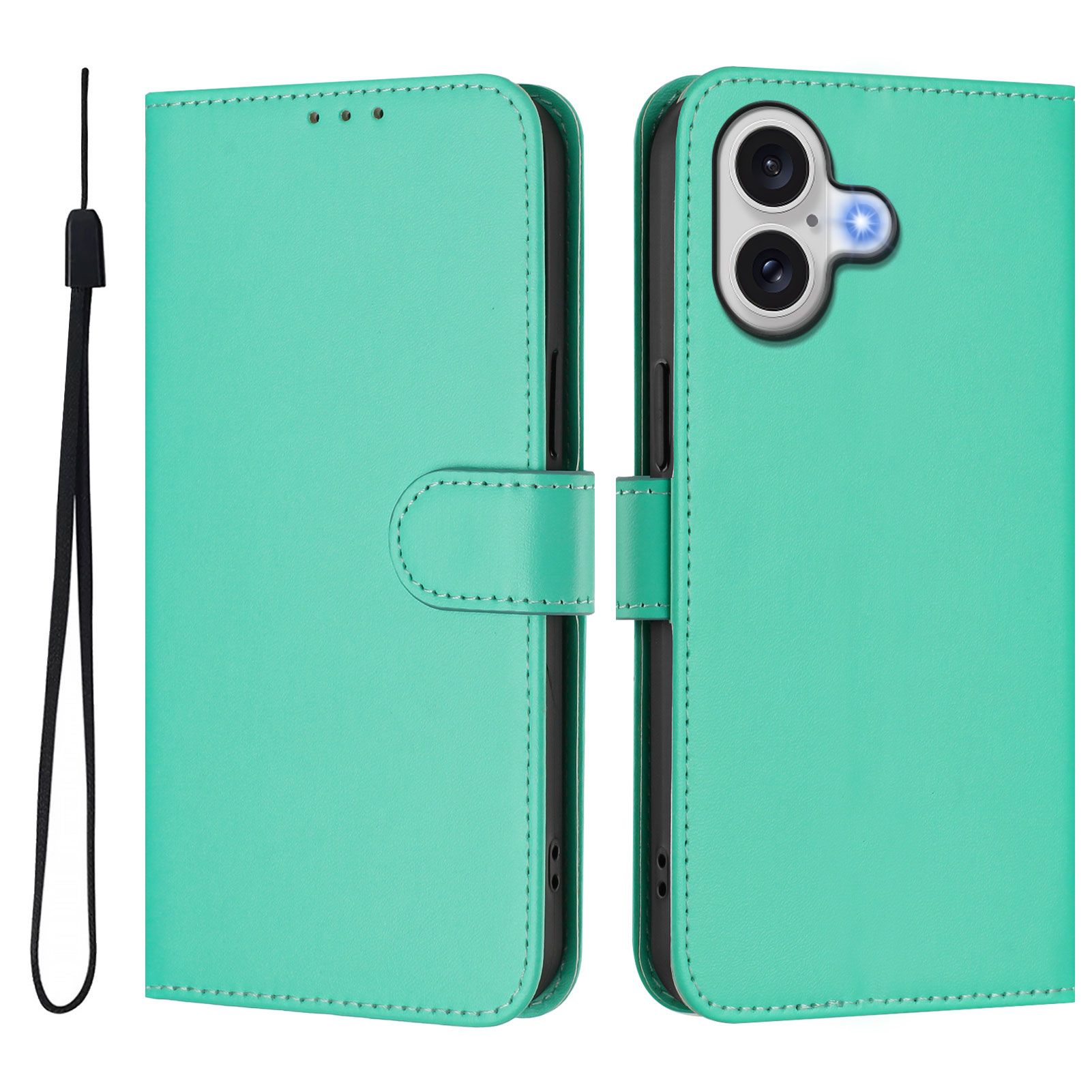 For iPhone 17 Case Solid Color Wallet Leather Phone Cover with Strap - Green