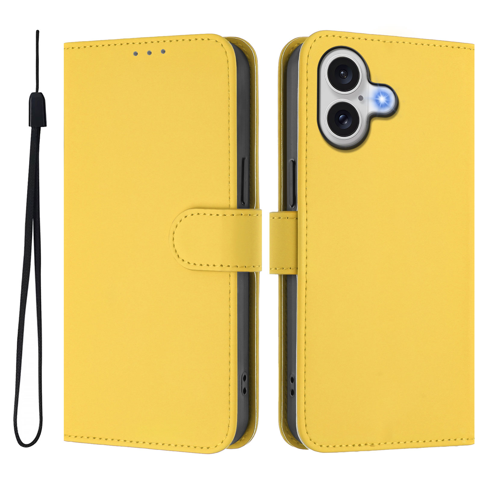 For iPhone 17 Case Solid Color Wallet Leather Phone Cover with Strap - Lemon