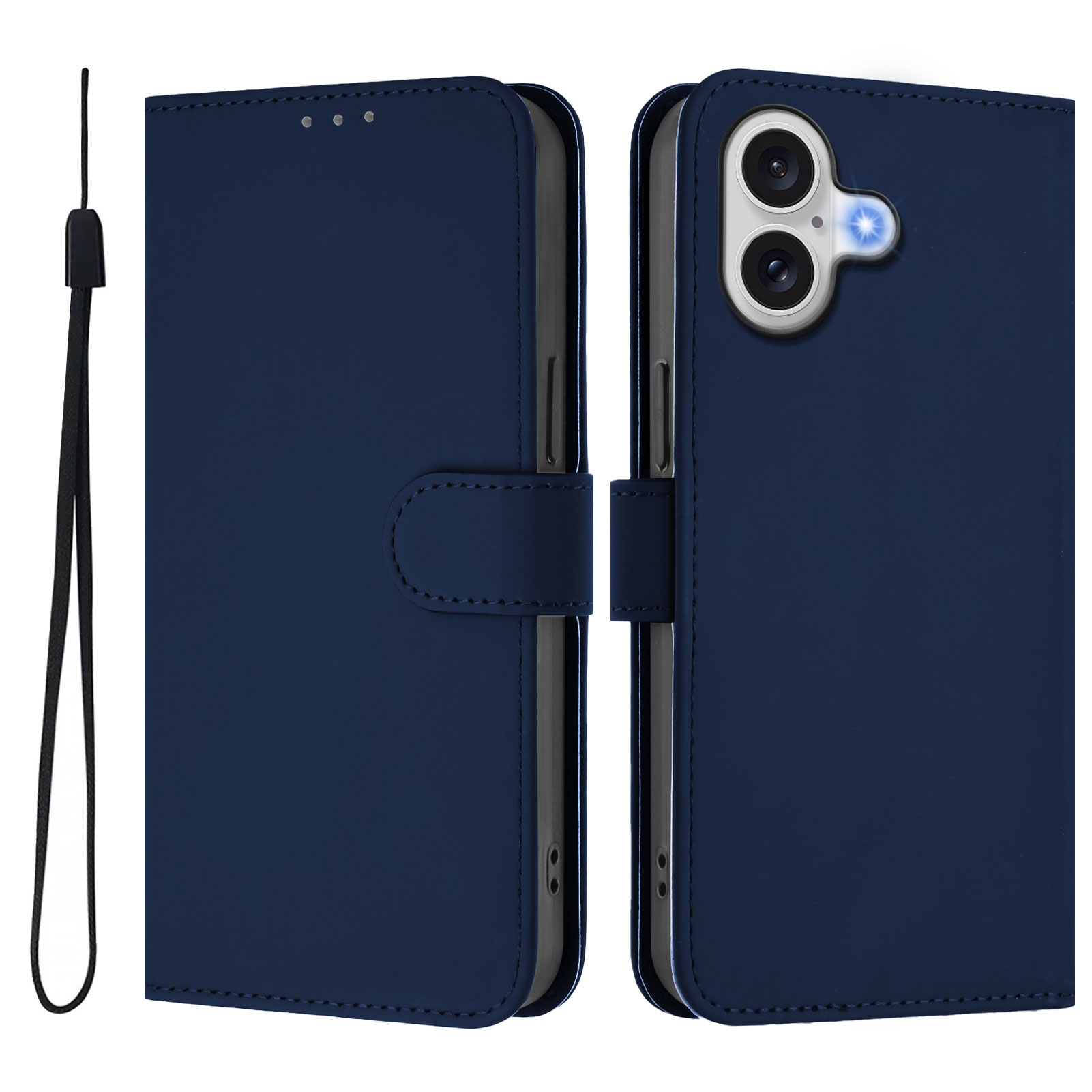 For iPhone 17 Case Solid Color Wallet Leather Phone Cover with Strap - Navy Blue