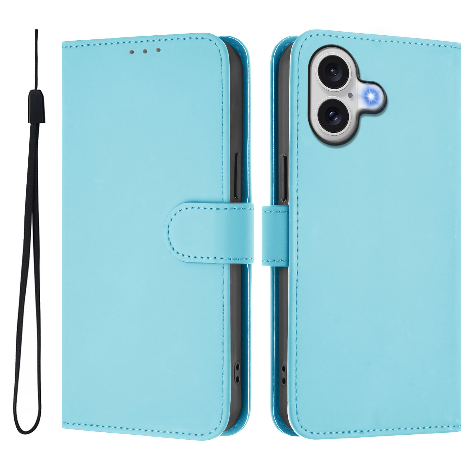 For iPhone 17 Case Solid Color Wallet Leather Phone Cover with Strap - Sky Blue