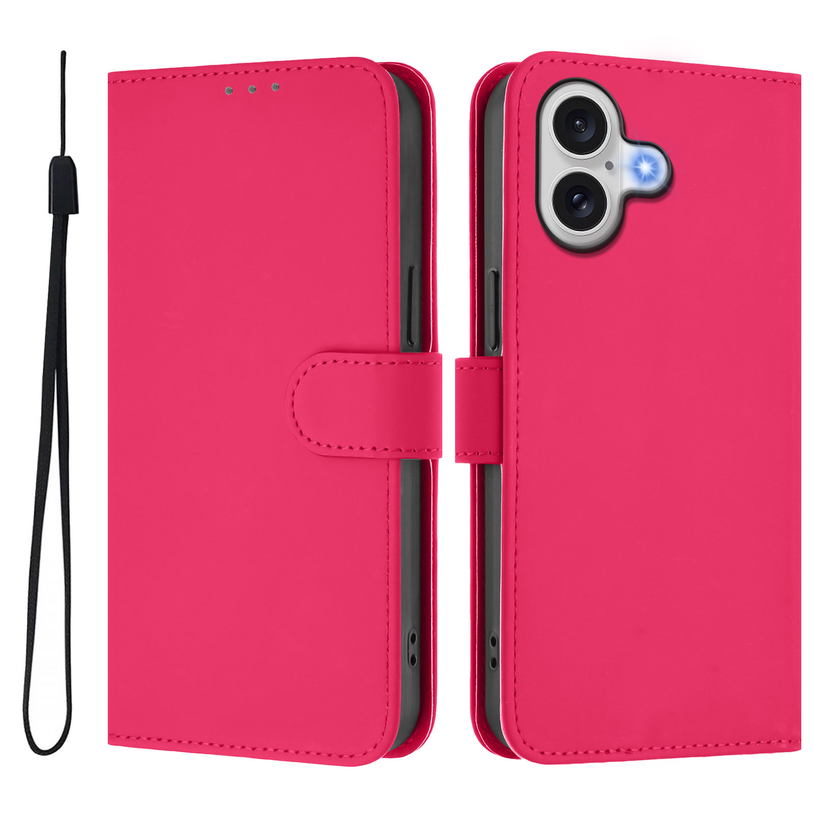 For iPhone 17 Case Solid Color Wallet Leather Phone Cover with Strap - Rose Red